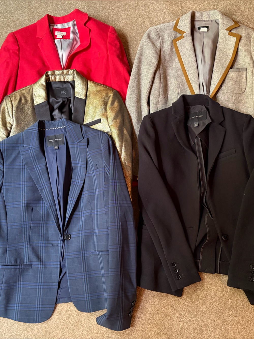 Bundle of women’s blazers: red, gold, navy blue, gray, and black